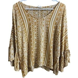 143 Story by Lineup Mustard Yellow White 3/4 Ruffle Sleeve VNeck Boho Top Size L